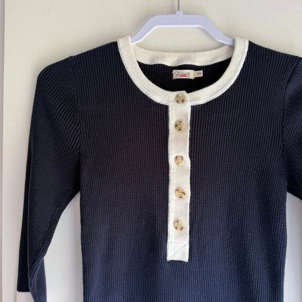 Faherty Navy Blue Organic Cotton Cashmere Ribbed Henley Sweater Stripe WYC0006 - Picture 2 of 9